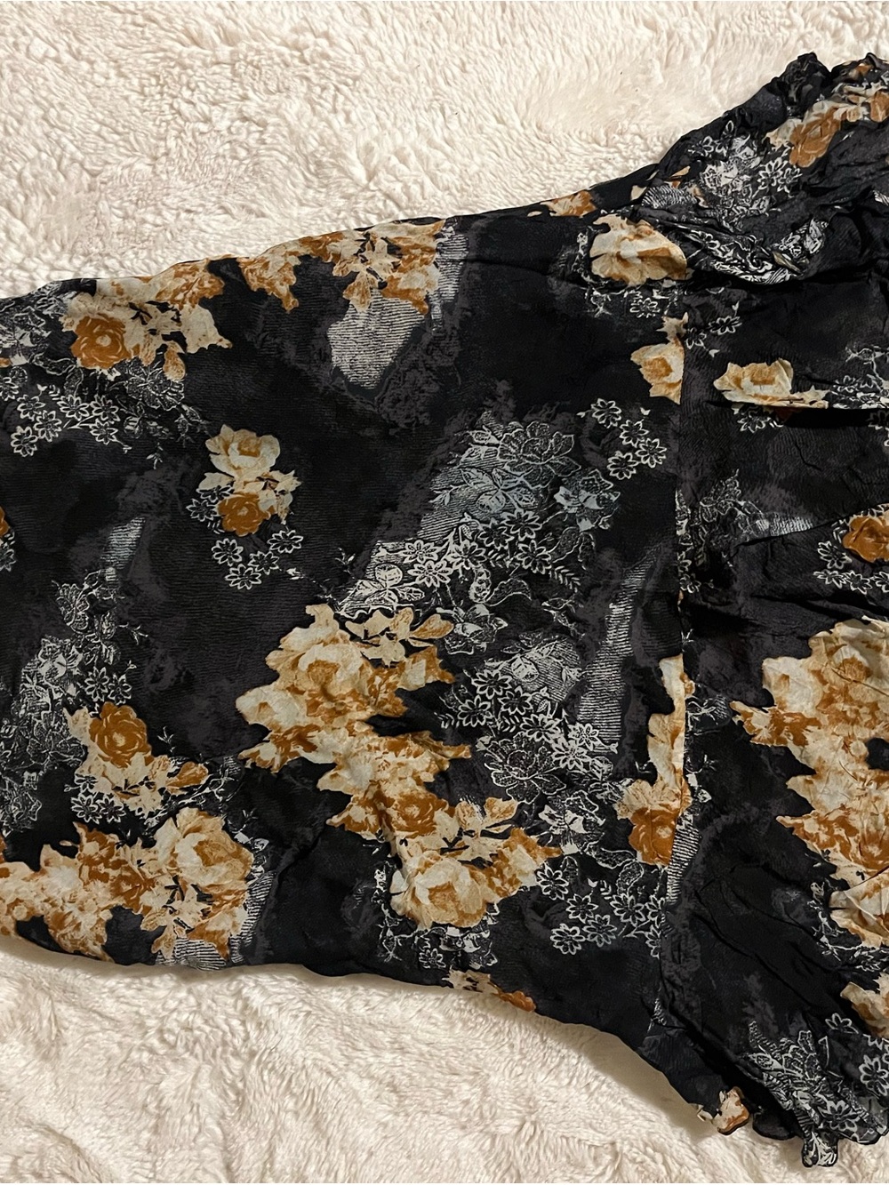 Black Floral Ruffle Dress with Mustard Roses